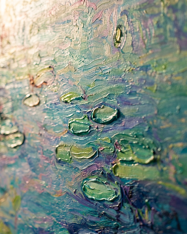 Close-up detail of Garden of Reflections showing textured impasto brushwork and color detail
