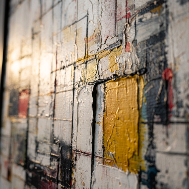 Close-up detail of Living Structures showing textured impasto brushwork and color detail