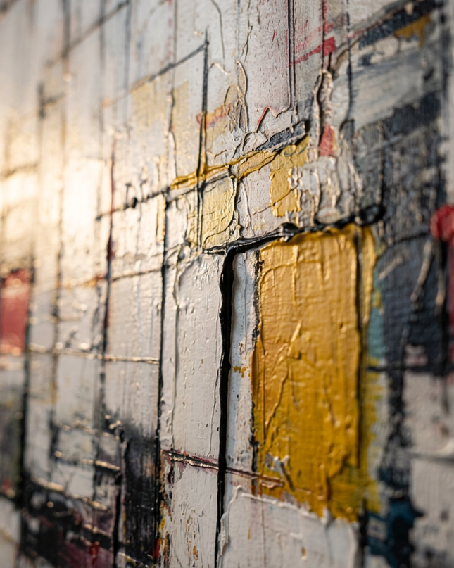 Close-up detail of Living Structures showing textured impasto brushwork and color detail