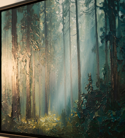 Close-up detail of Joy Among Trees showing canvas depth, frame profile and stretcher bars