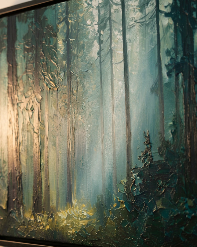 Close-up detail of Joy Among Trees showing canvas depth, frame profile and stretcher bars