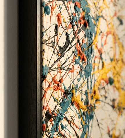 Close-up detail of Sparks of Existence showing canvas depth, frame profile and stretcher bars