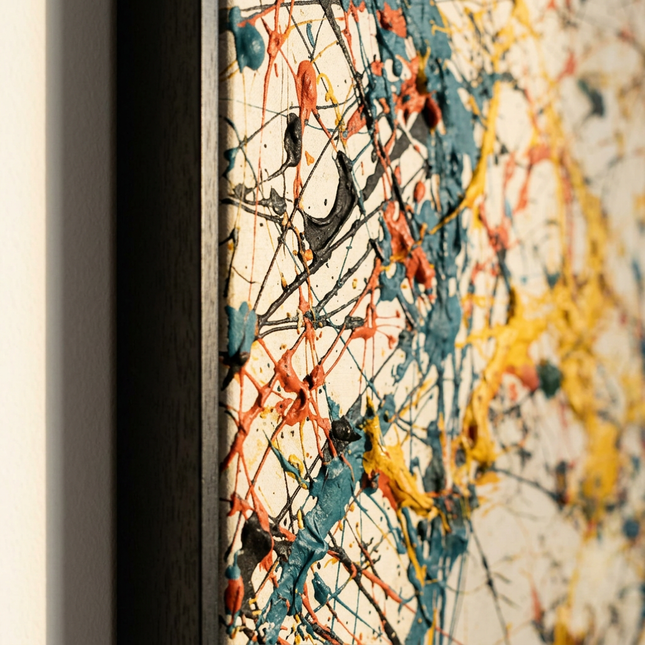Close-up detail of Sparks of Existence showing canvas depth, frame profile and stretcher bars