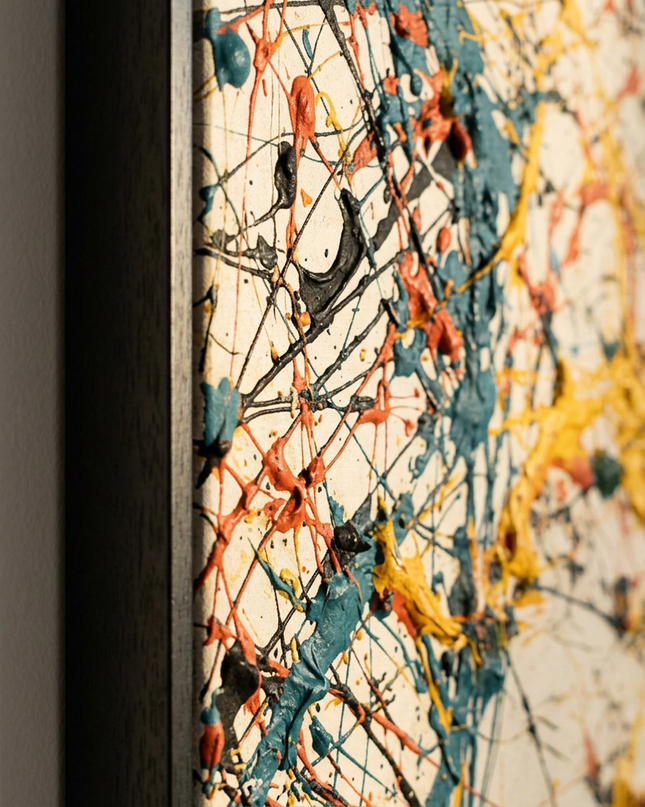 Close-up detail of Sparks of Existence showing canvas depth, frame profile and stretcher bars