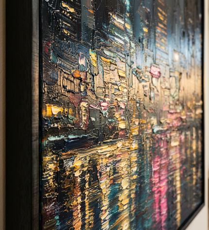 Close-up detail of Metropolitan Pulse showing canvas depth, frame profile and stretcher bars