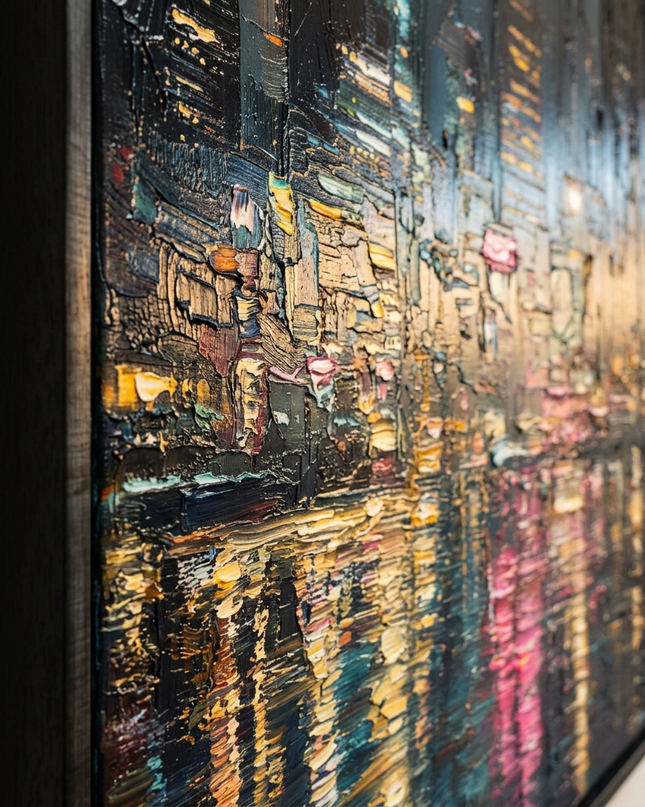 Close-up detail of Metropolitan Pulse showing canvas depth, frame profile and stretcher bars