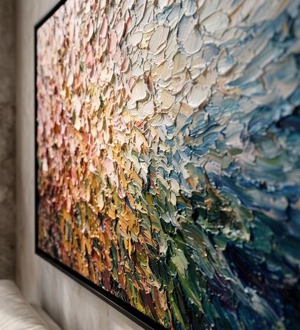 Close-up detail of Radiant Meadow showing canvas depth, frame profile and stretcher bars