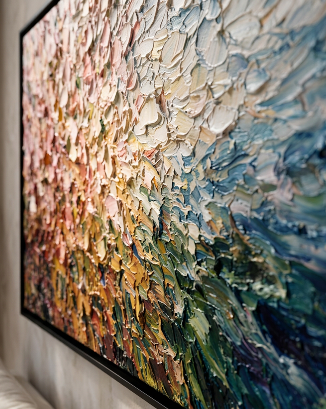 Close-up detail of Radiant Meadow showing canvas depth, frame profile and stretcher bars