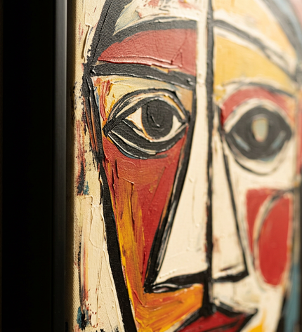 Close-up detail of The Watcher showing canvas depth, frame profile and stretcher bars