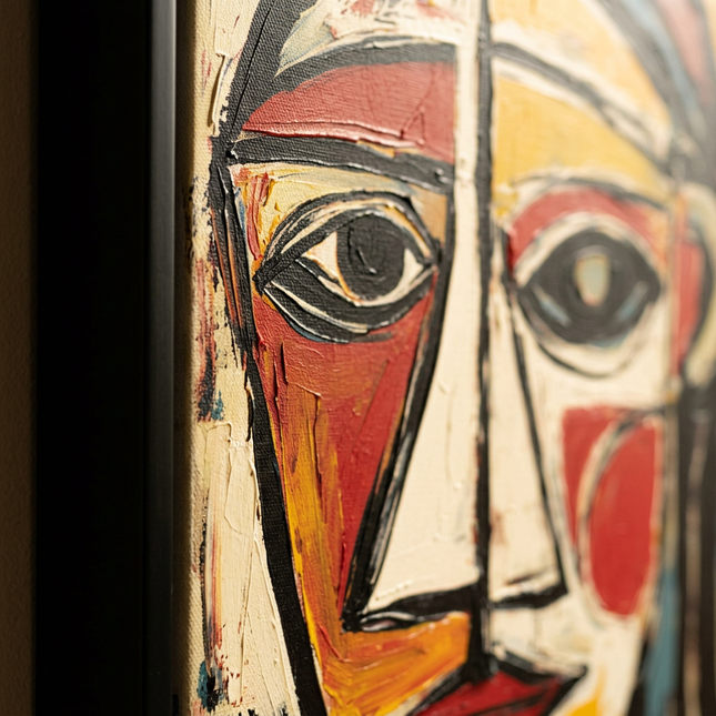 Close-up detail of The Watcher showing canvas depth, frame profile and stretcher bars