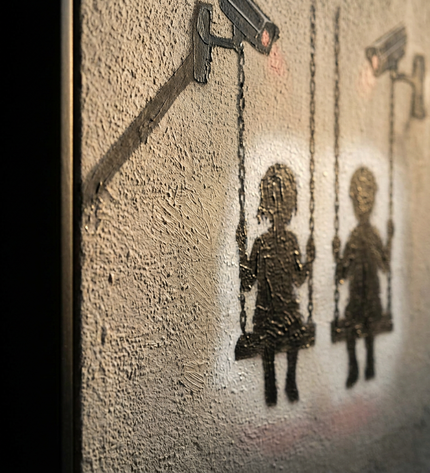 Close-up detail of Surveillance Playground showing canvas depth, frame profile and stretcher bars