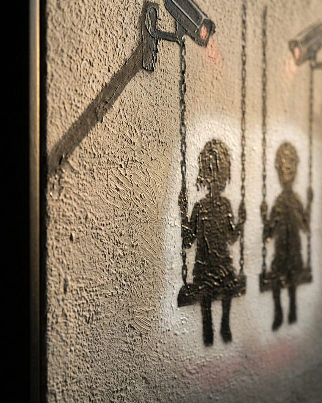 Close-up detail of Surveillance Playground showing canvas depth, frame profile and stretcher bars