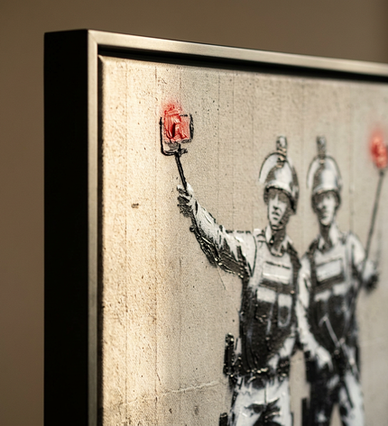 Close-up detail of Selfie Squad showing canvas depth, frame profile and stretcher bars