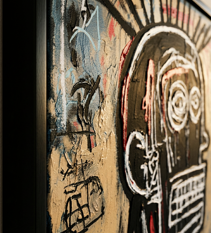 Close-up detail of Primal Identity showing canvas depth, frame profile and stretcher bars