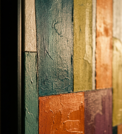 Close-up detail of Urban Mosaic showing canvas depth, frame profile and stretcher bars