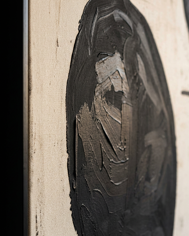 Close-up detail of Form & Essence showing canvas depth, frame profile and stretcher bars