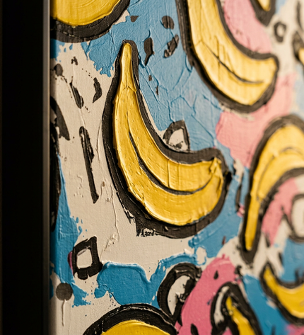 Close-up detail of Tropical Pop showing canvas depth, frame profile and stretcher bars