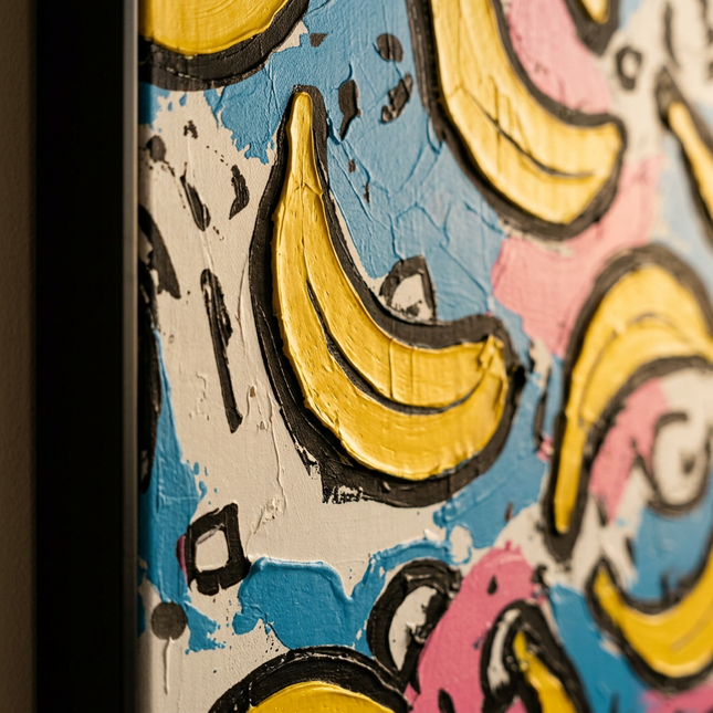 Close-up detail of Tropical Pop showing canvas depth, frame profile and stretcher bars
