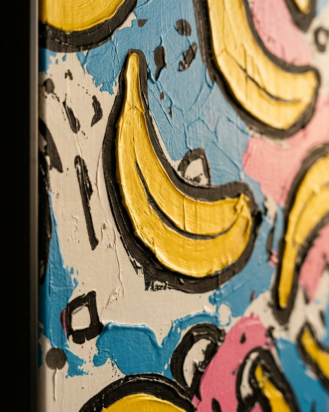 Close-up detail of Tropical Pop showing canvas depth, frame profile and stretcher bars