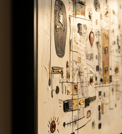 Close-up detail of Orbiting Thoughts showing canvas depth, frame profile and stretcher bars