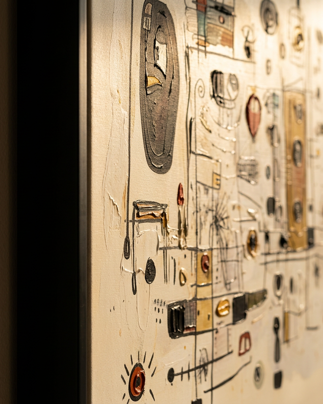 Close-up detail of Orbiting Thoughts showing canvas depth, frame profile and stretcher bars