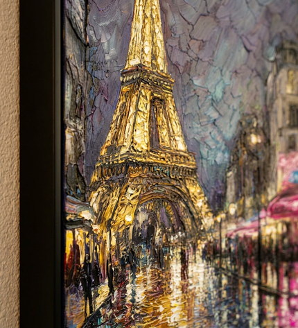 Close-up detail of Love in Paris showing canvas depth, frame profile and stretcher bars