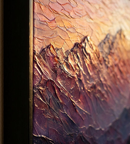 Close-up detail of Sunset Reverie showing canvas depth, frame profile and stretcher bars