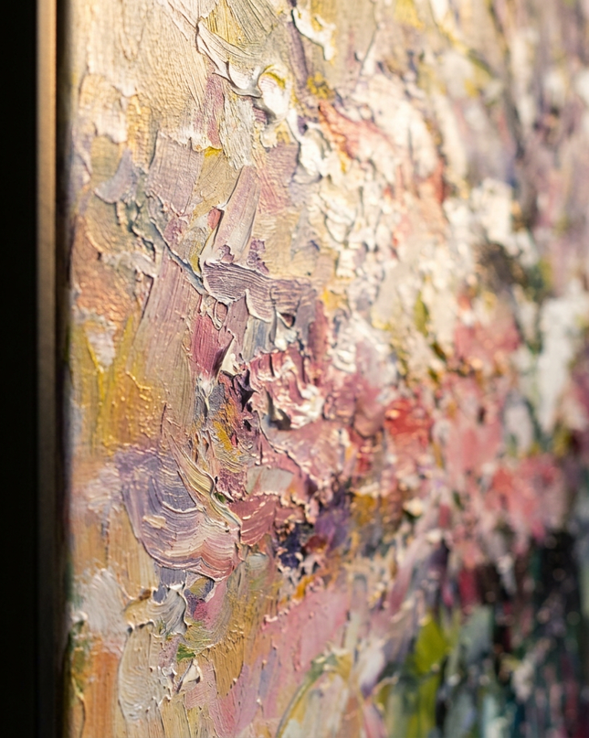 Close-up detail of Spring Sonata showing canvas depth, frame profile and stretcher bars