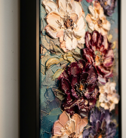 Close-up detail of Moonlit Bouquet showing canvas depth, frame profile and stretcher bars