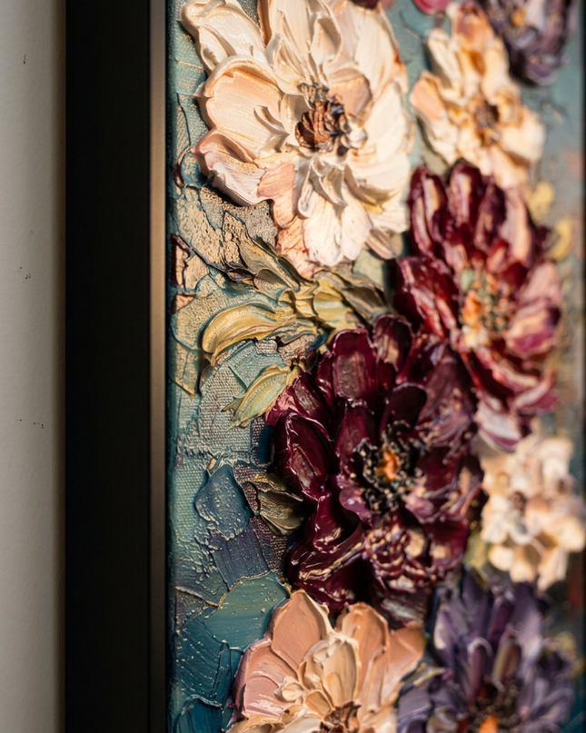 Close-up detail of Moonlit Bouquet showing canvas depth, frame profile and stretcher bars