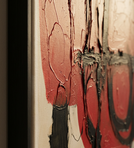 Close-up detail of Ceremonial Forms showing canvas depth, frame profile and stretcher bars