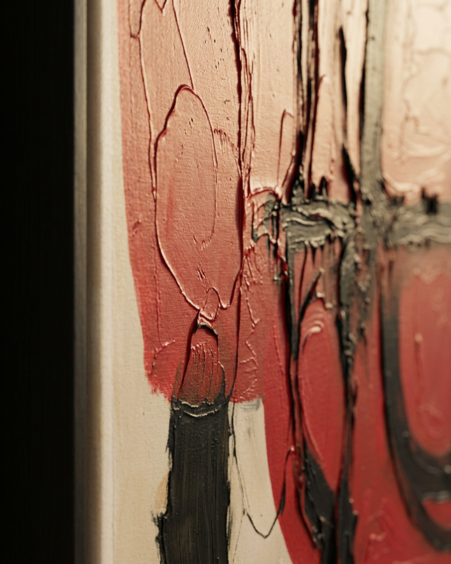 Close-up detail of Ceremonial Forms showing canvas depth, frame profile and stretcher bars