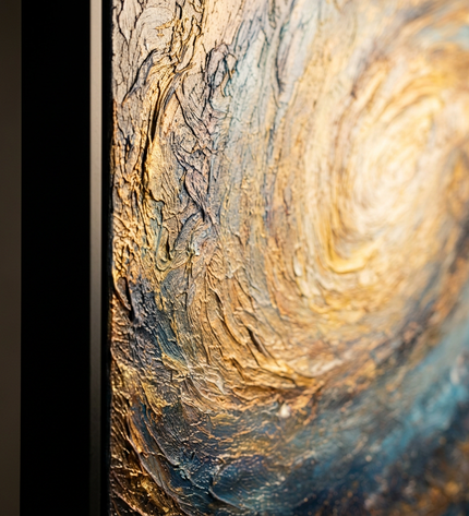 Close-up detail of Nebula of Light showing canvas depth, frame profile and stretcher bars