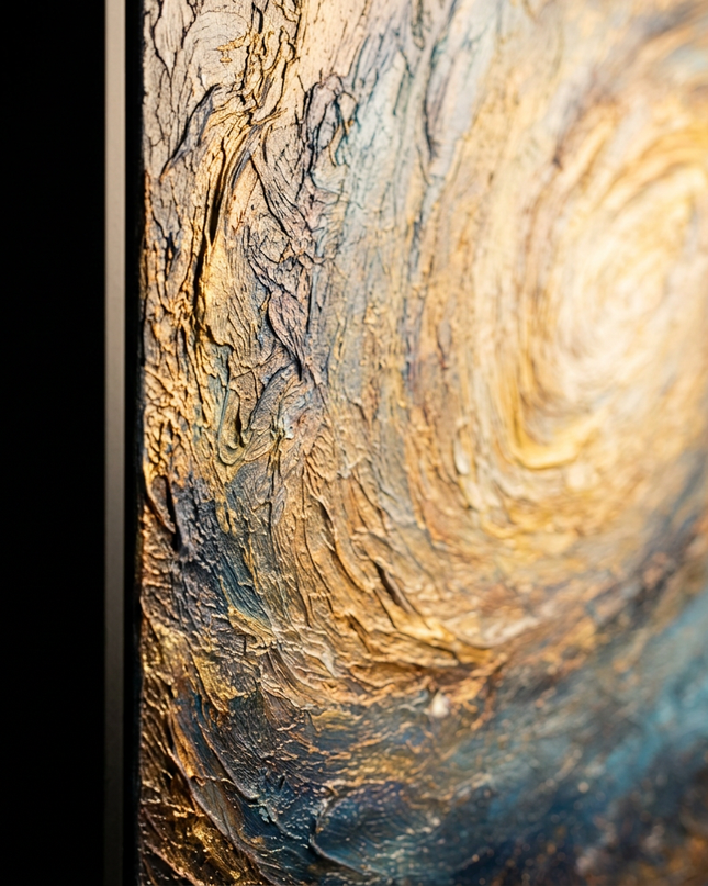 Close-up detail of Nebula of Light showing canvas depth, frame profile and stretcher bars