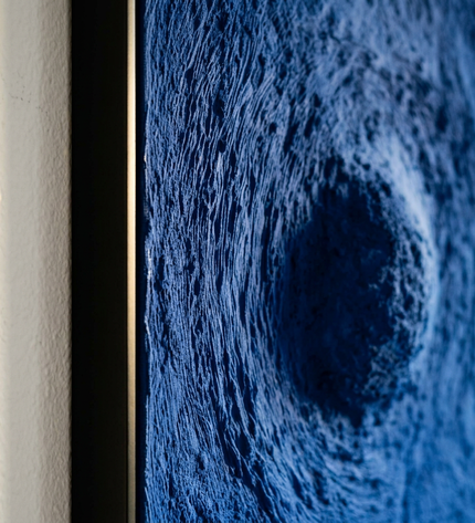 Close-up detail of Blue Abyss showing canvas depth, frame profile and stretcher bars