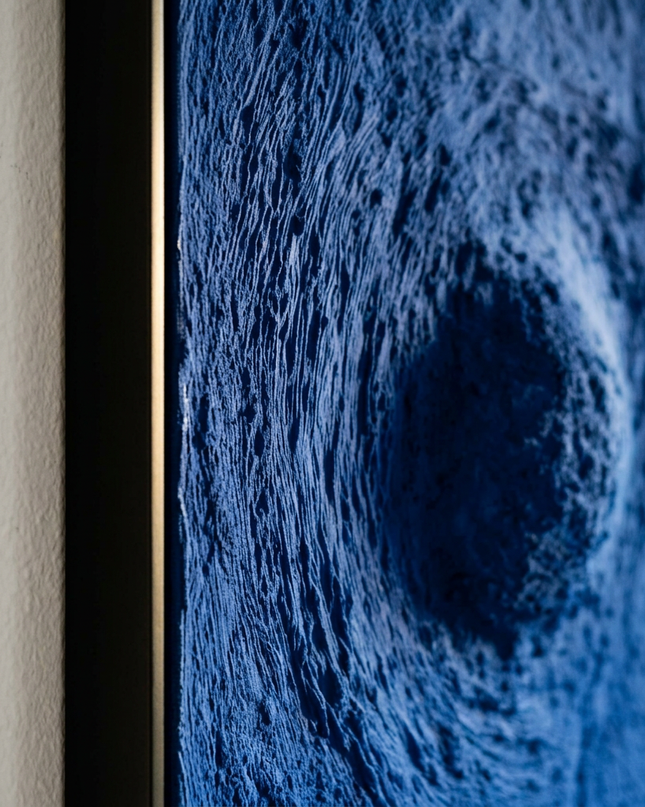 Close-up detail of Blue Abyss showing canvas depth, frame profile and stretcher bars