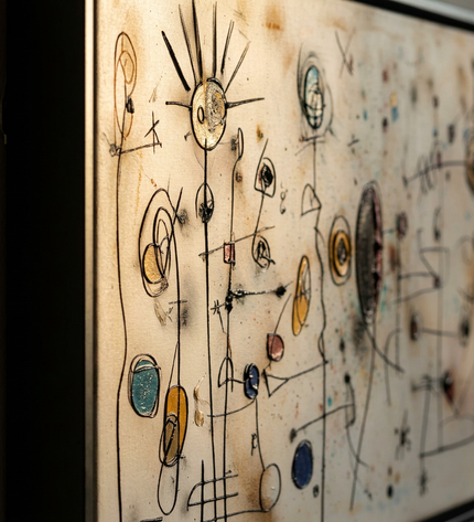 Close-up detail of Echoes in Space showing canvas depth, frame profile and stretcher bars