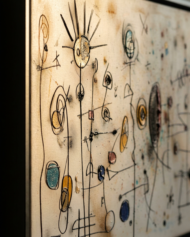 Close-up detail of Echoes in Space showing canvas depth, frame profile and stretcher bars