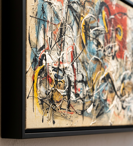Close-up detail of Perfect Storm showing canvas depth, frame profile and stretcher bars