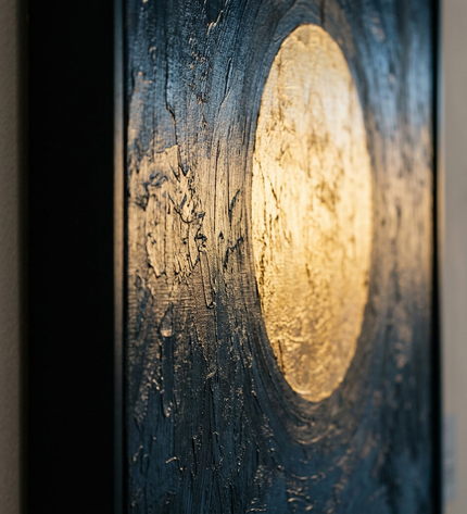 Close-up detail of Sphere of Serenity showing canvas depth, frame profile and stretcher bars