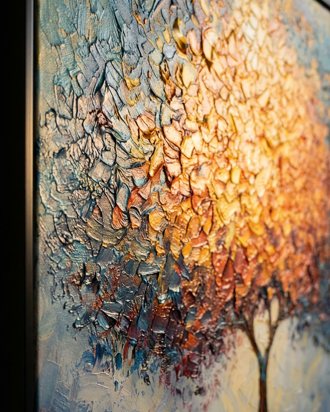 Close-up detail of Legacy Tree showing canvas depth, frame profile and stretcher bars