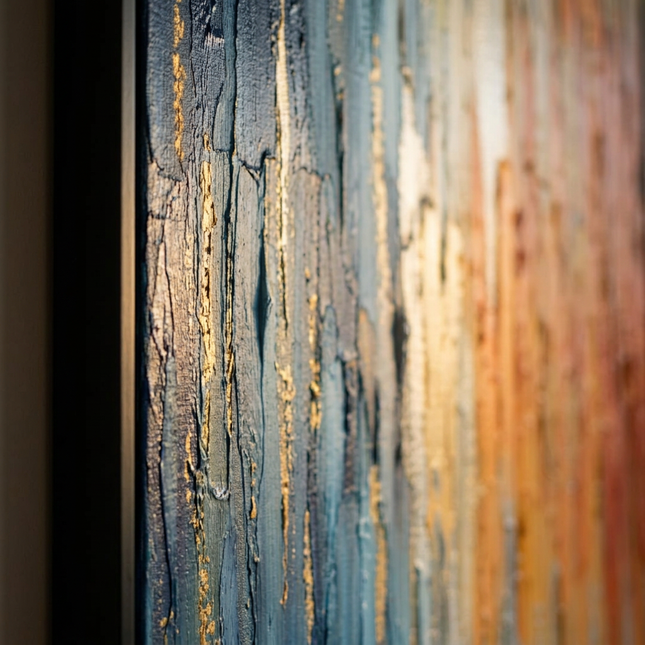 Close-up detail of Andromeda Blaze showing canvas depth, frame profile and stretcher bars