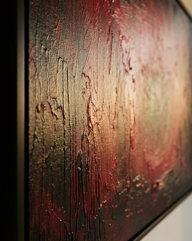 Close-up detail of Ruby Glow showing canvas depth, frame profile and stretcher bars