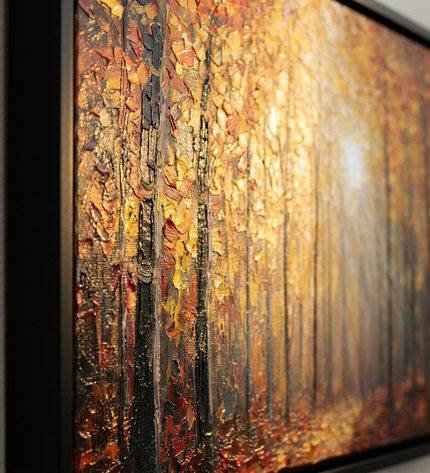 Close-up detail of Autumn's Scent showing canvas depth, frame profile and stretcher bars