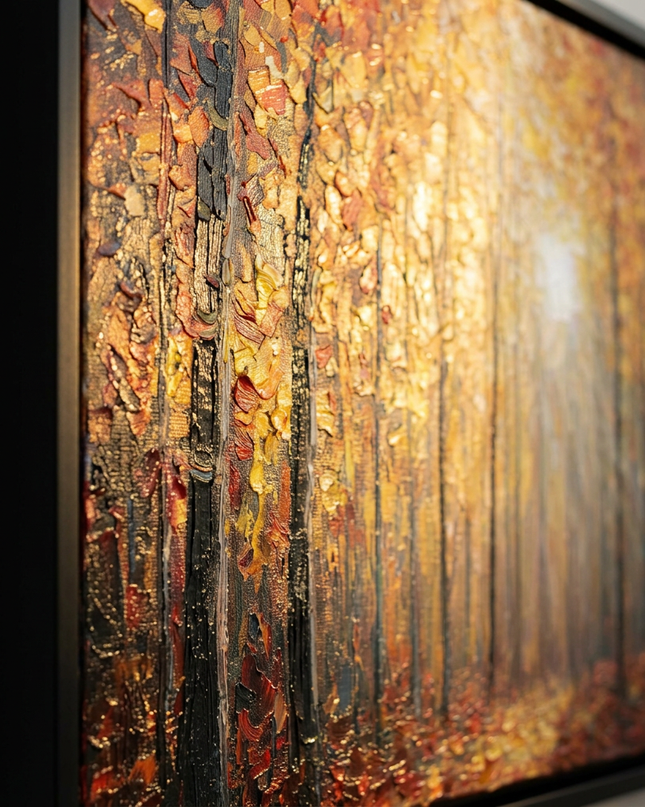 Close-up detail of Autumn's Scent showing canvas depth, frame profile and stretcher bars