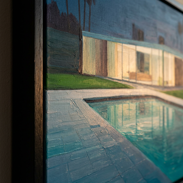 Close-up detail of Glass House Dreams showing canvas depth, frame profile and stretcher bars