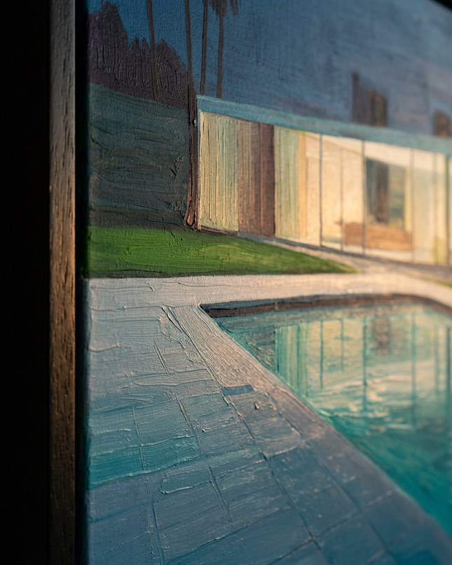 Close-up detail of Glass House Dreams showing canvas depth, frame profile and stretcher bars