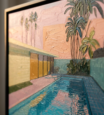 Close-up detail of Pool Noir showing canvas depth, frame profile and stretcher bars
