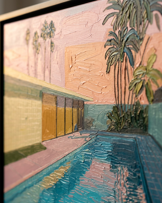 Close-up detail of Pool Noir showing canvas depth, frame profile and stretcher bars
