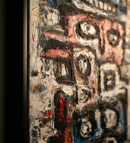 Close-up detail of Festival Spirits showing canvas depth, frame profile and stretcher bars